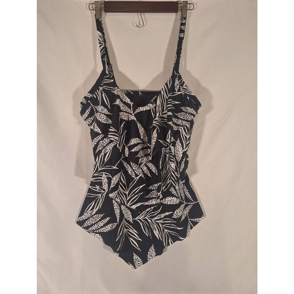 Ceeb Womens Black and White‎ Tiered Ruffle Tankini Top Size 14